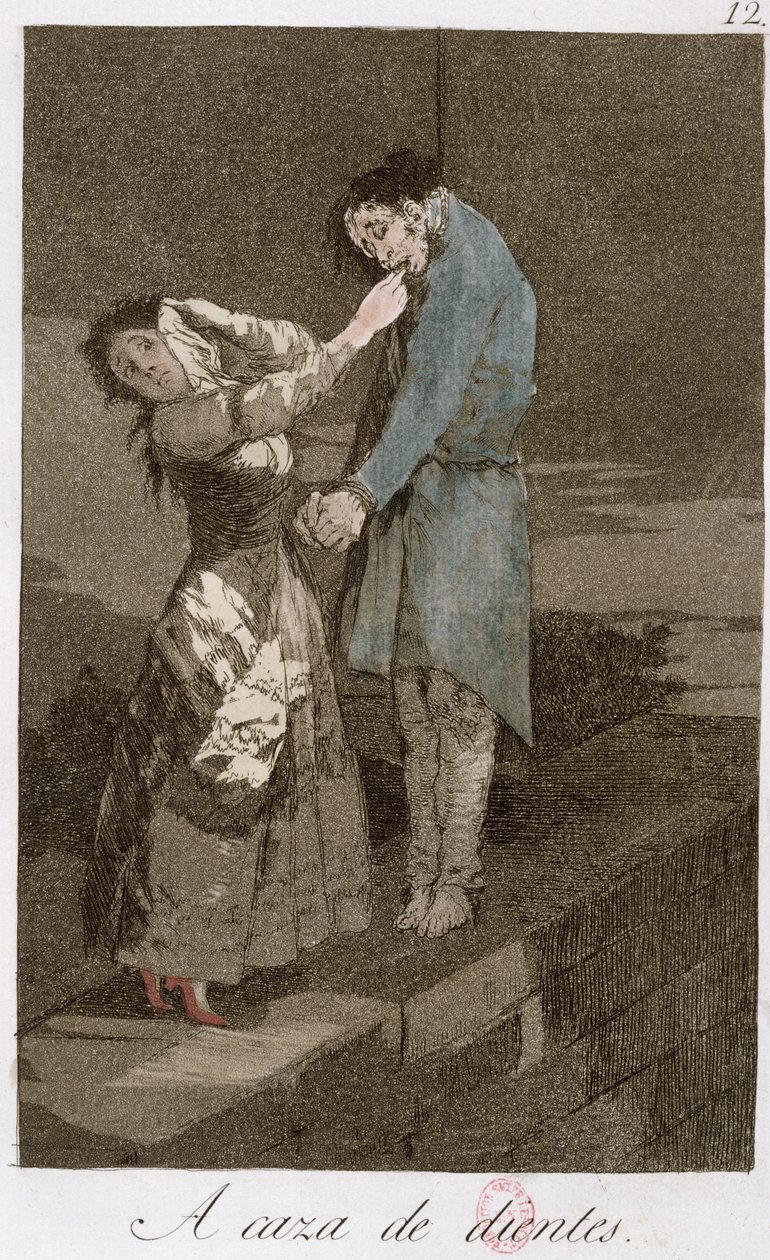 Hon na zuby, deska 12 „Los caprichos“, konec 18. století (barevný lept) (viz také 81631) od Francisco de Goya