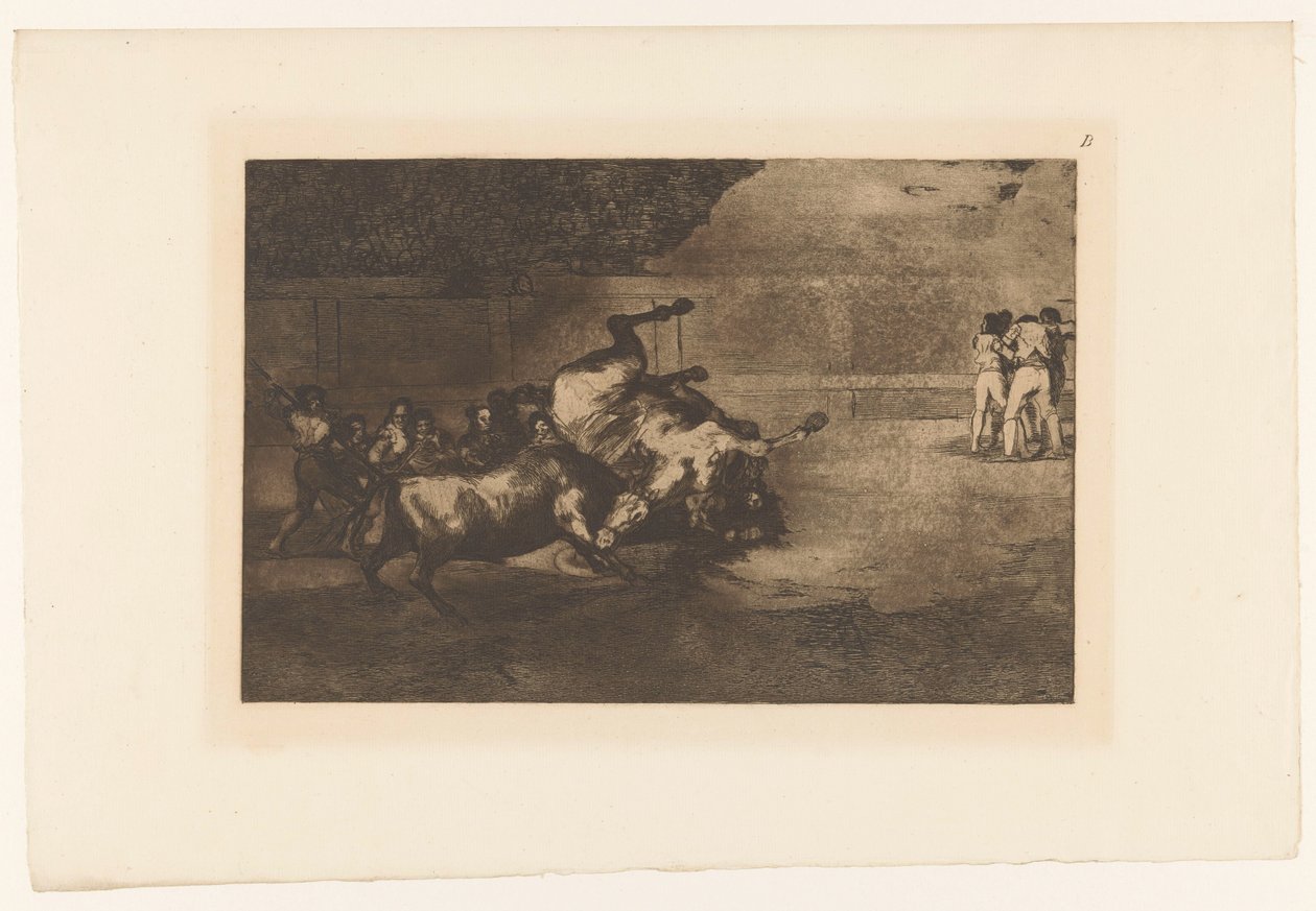 Kůň sražený býkem Cheval obrací par un taureau Býčí zápasy (název série) La Taureaumachie (název série) La Tauromaquia (název série) od Francisco de Goya