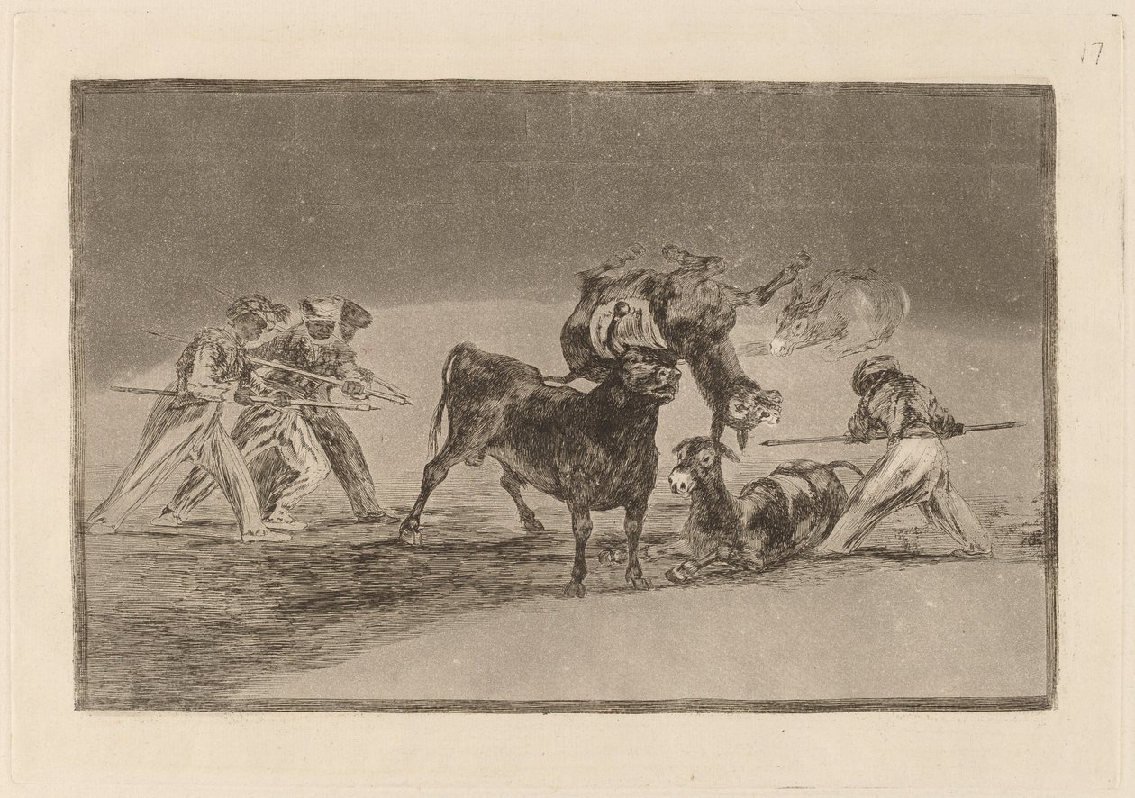 Palenque de los moros hecho con burros para defencese del toro embolado (Muři používají osly jako bariéru k obraně proti býkovi, jehož rohy byly nakloněny koulemi) od Francisco de Goya
