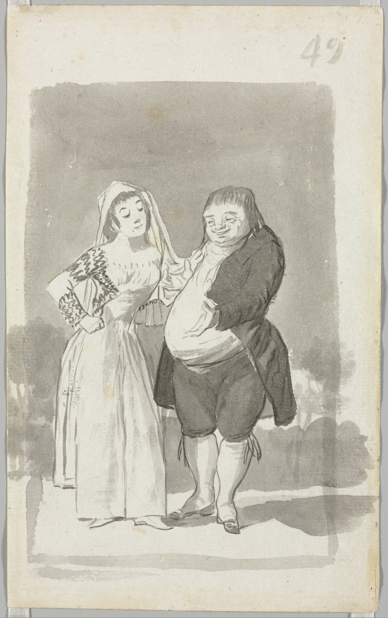 Prostitutka žádající tlustého, ošklivého muže (recto) od Francisco de Goya
