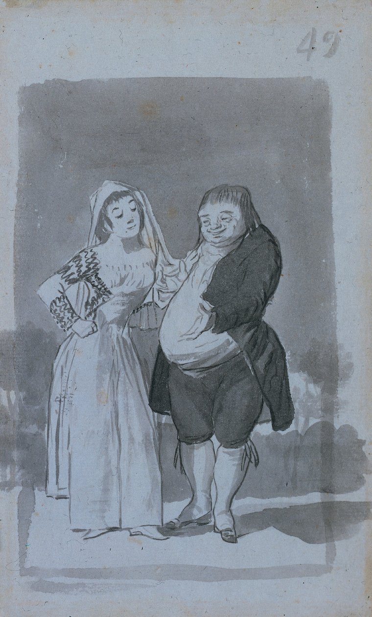 Prostitutka žádá tlustého, ošklivého muže recto, 1796-97. od Francisco de Goya