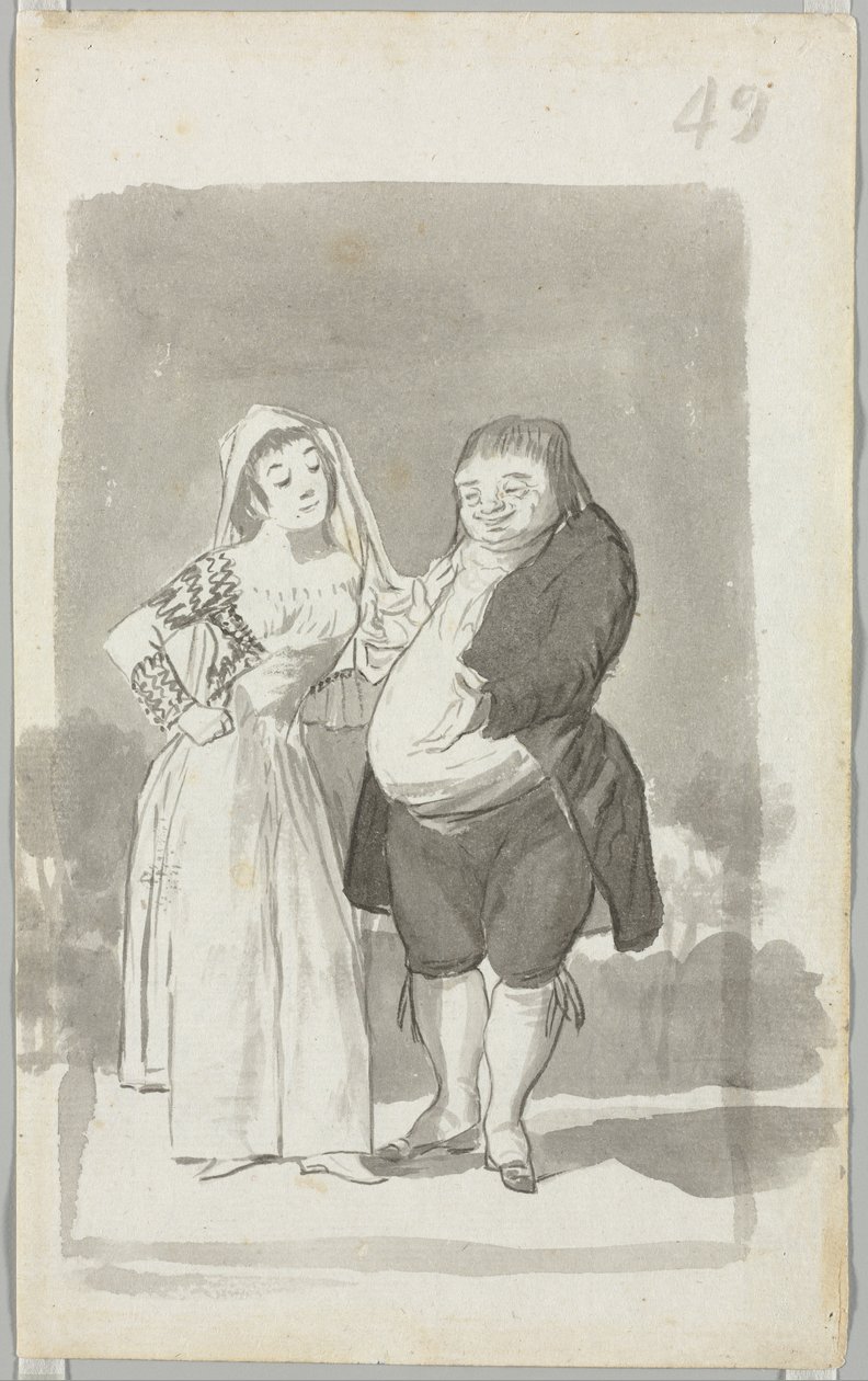 Prostitutka žádající tlustého, ošklivého muže recto, mladá žena lomící rukama...na druhou stranu, 1796-97. od Francisco de Goya