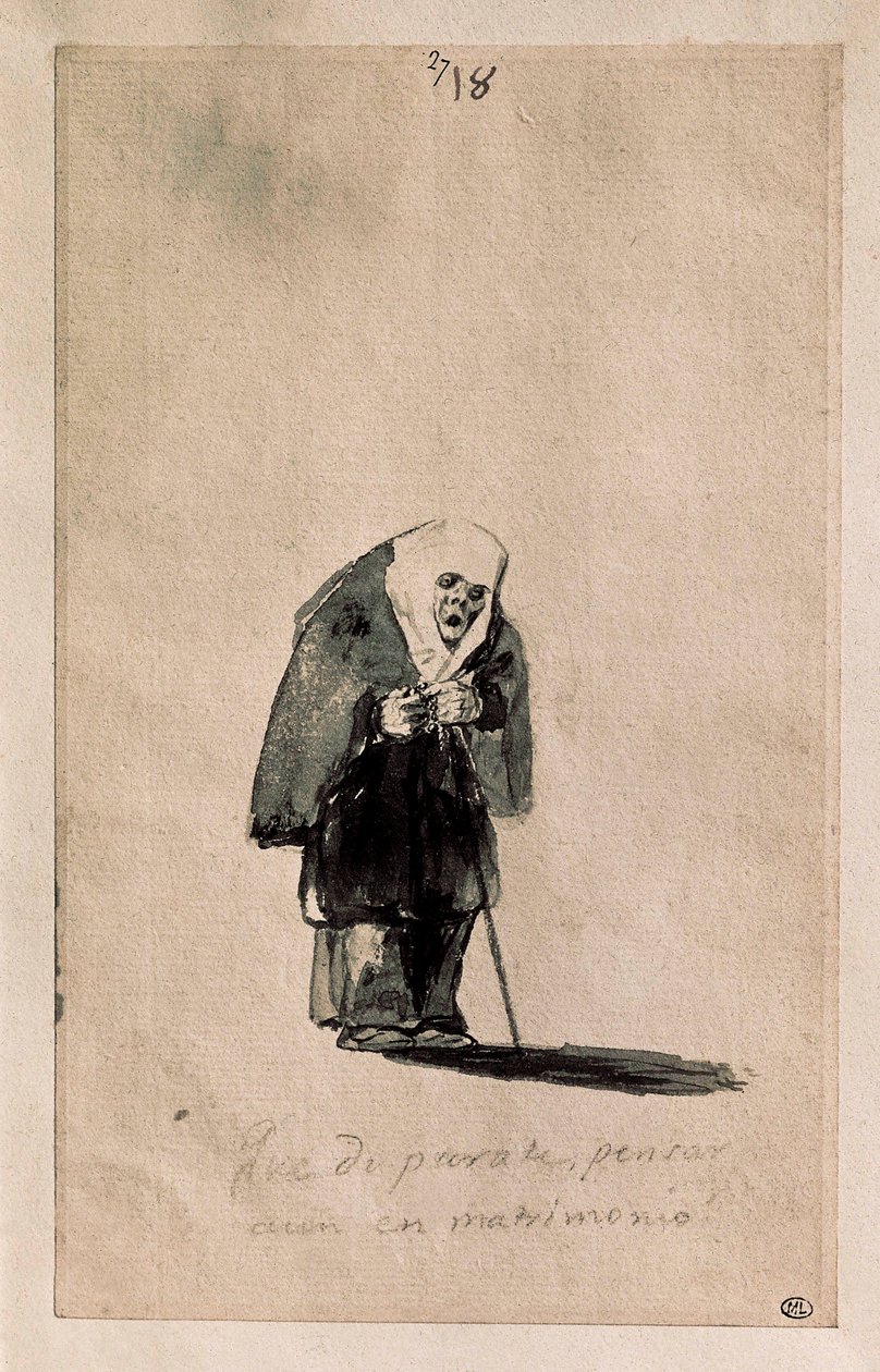 Que disparate, pensar aun en matrimonio (Jaký nesmysl, stále myslet na manželství), c. 1819-23 (štětec, tuš, předkresba černým kamenem, na bílém položeném papíře) od Francisco de Goya