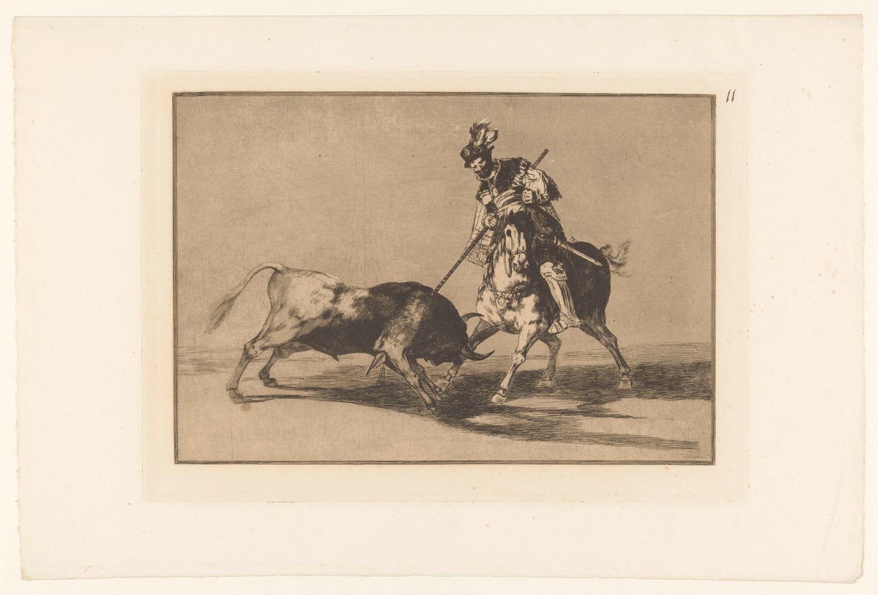 Rodrigo Diaz de Vivar je vyšší El Cid Campeador probodl dalšího býka Stierengevechten (název série) La Taureamachie (název série) Býčí zápasy (název seriálu) od Francisco de Goya