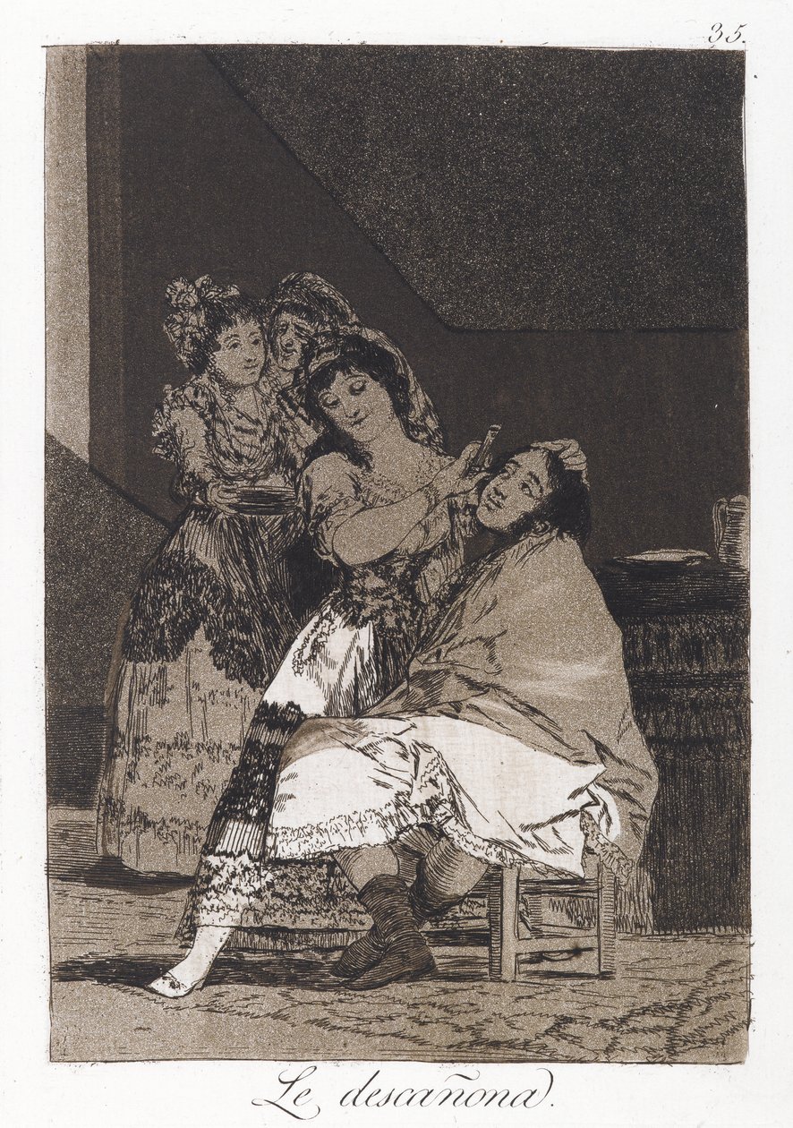 She Fleeces Him (Le descanona), deska 35 z Los Caprichos, kolem 1797-98 (lept a akvatinta na papíře) od Francisco de Goya