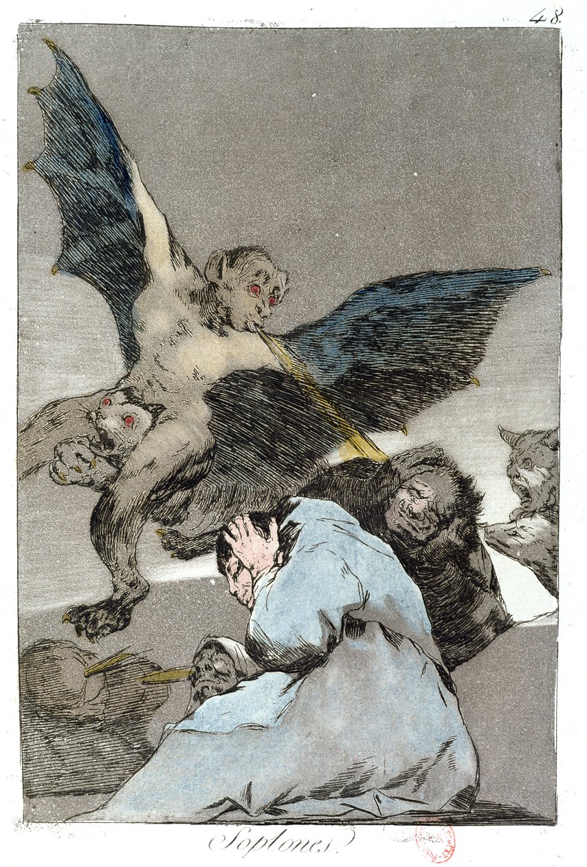 Soplones (Výbuchy větru), deska 48 „Los Caprichos“, konec 18. století od Francisco de Goya
