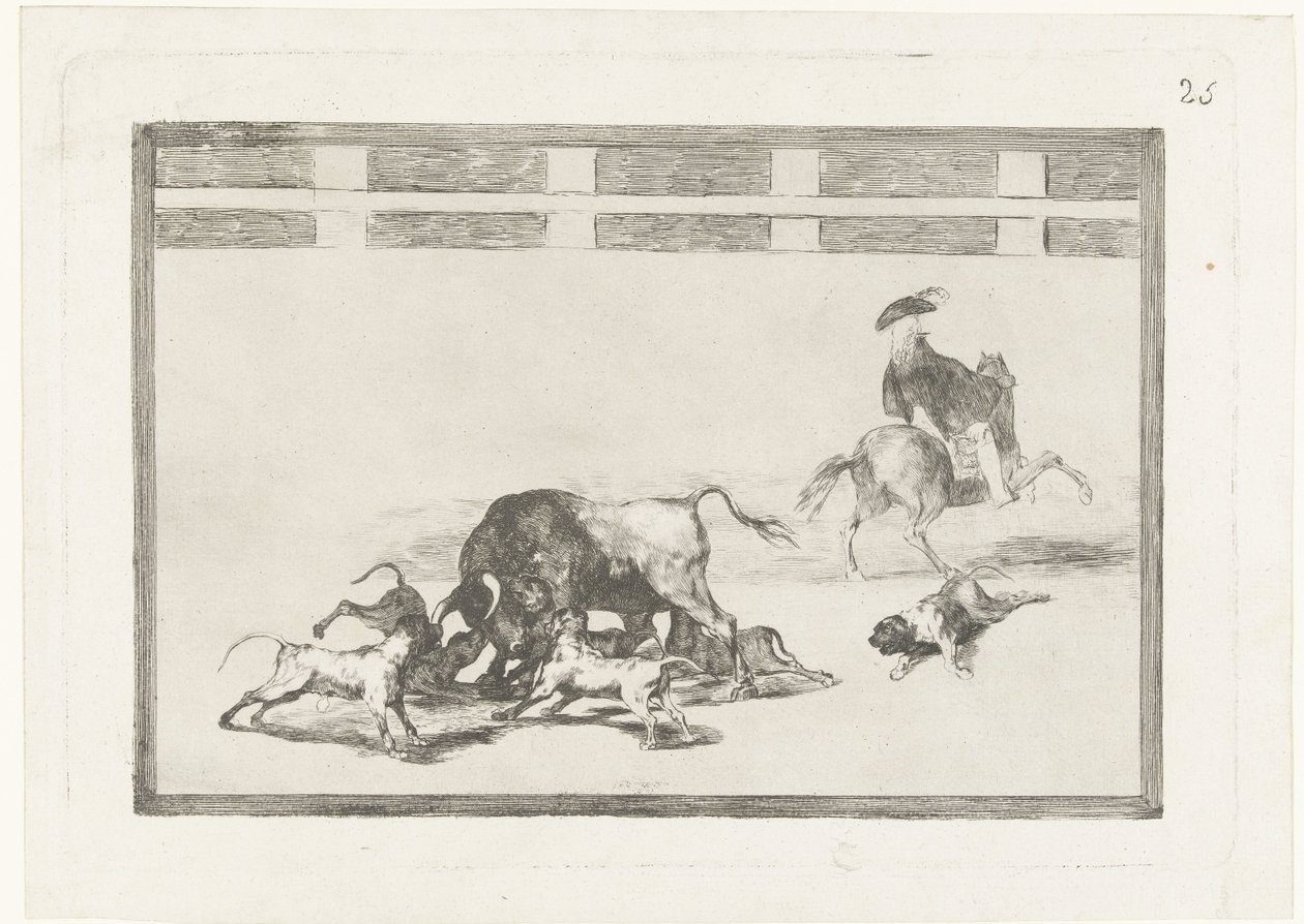 Býk napadený psy Echan perros al toro La Tauromaquia (název série) Býčí zápasy (název seriálu) od Francisco de Goya
