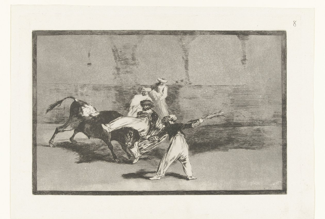 Býka popadnou toreadoři Cogida de un Moro estando en la plaza Býčí zápasy (název seriálu) La Tauromaquia (název série) od Francisco de Goya
