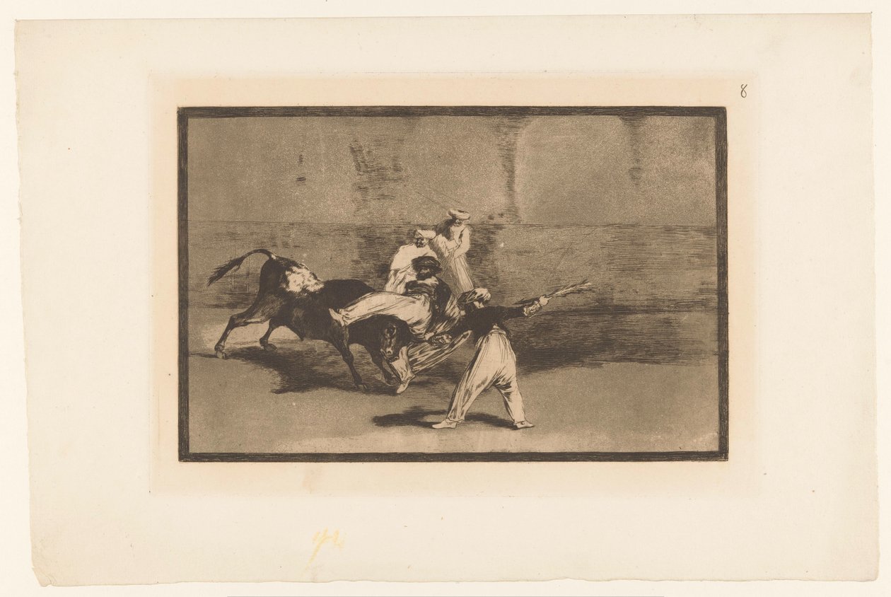 Býka popadnou toreadoři Cogida de un Moro estando en la plaza Býčí zápasy (název série) La Taureaumachie (název série) La Tauromaquia (název série) od Francisco de Goya