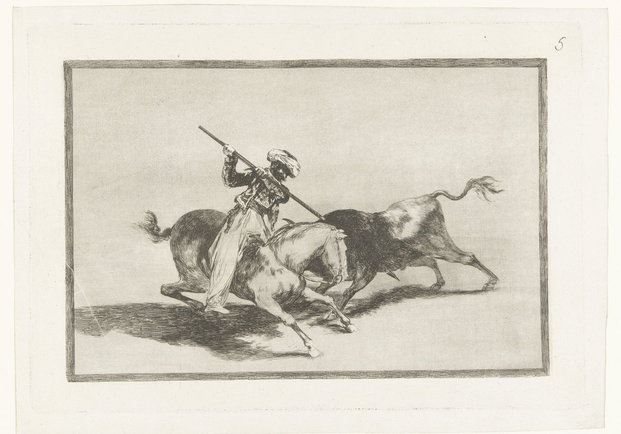 Stierenjacht te paard Temperamentní Moro Gazul je první, kdo v pořadí nabodne býky Býčí zápasy (název seriálu) Stierenvechten (název série) od Francisco de Goya