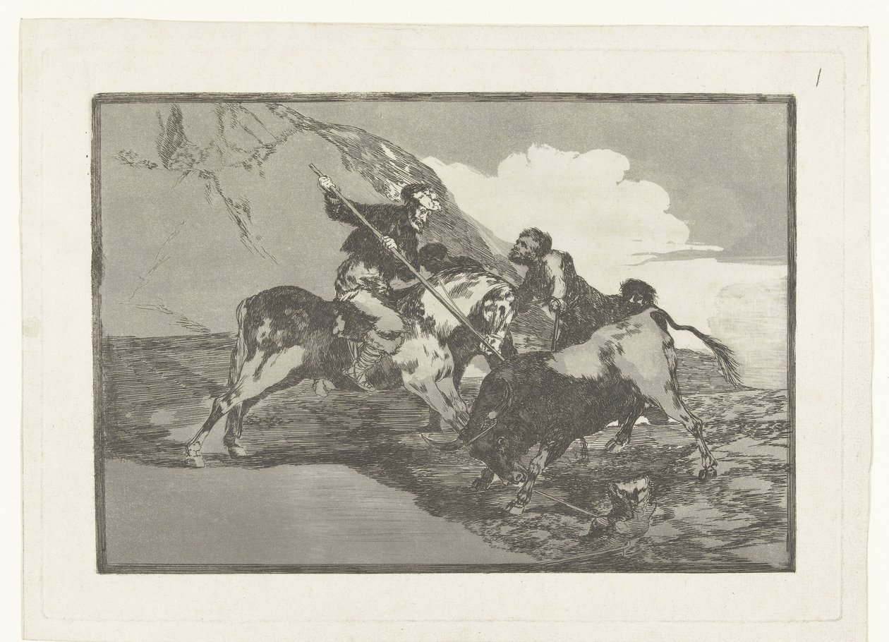 Stierenjacht te paard Jak staří Španělé lovili býky na koních na poli Stierenvechten (název série) Býčí zápasy (název seriálu) od Francisco de Goya