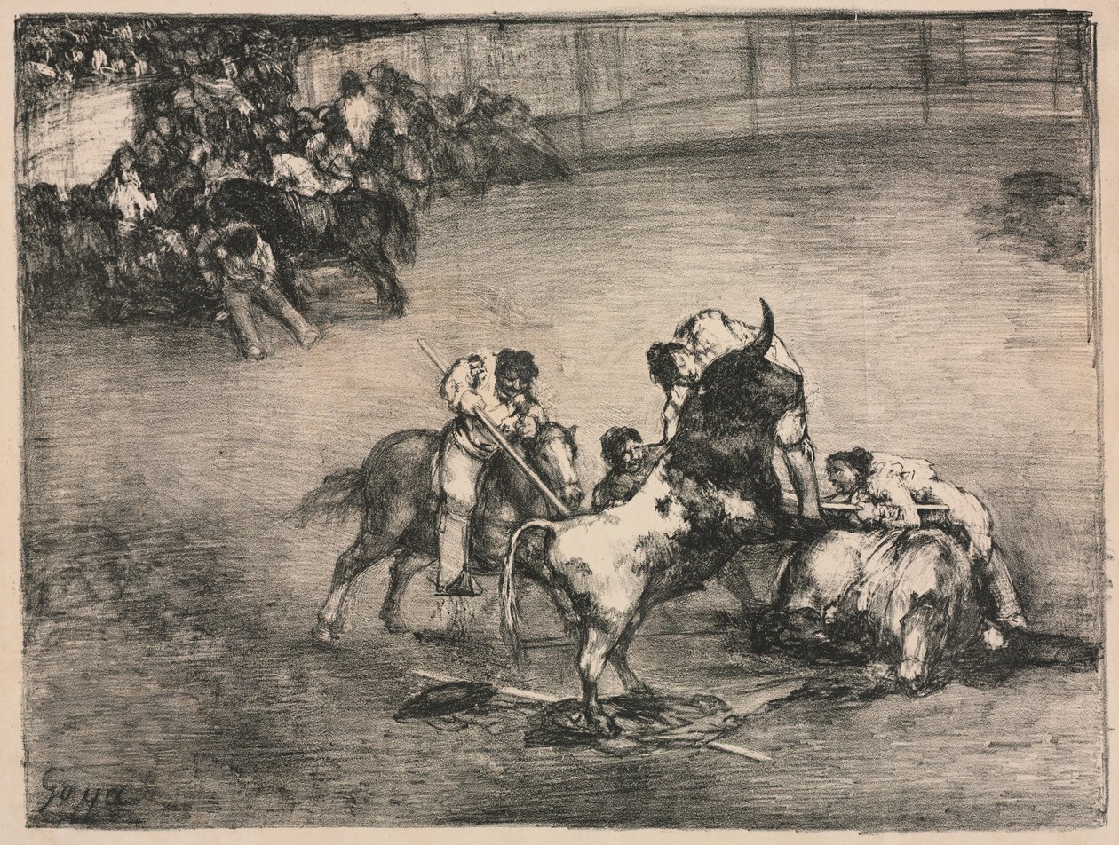 Býci z Bordeaux: Picador chycený býkem od Francisco de Goya