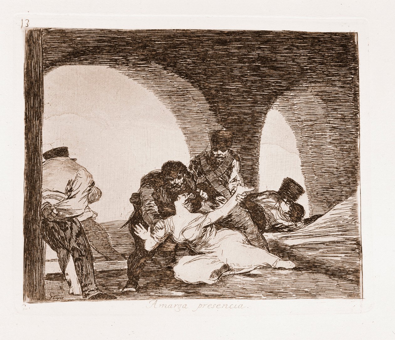 The Disasters of War: Muž svědek znásilnění své ženy (lept z přípravné kresby od Francisco de Goya