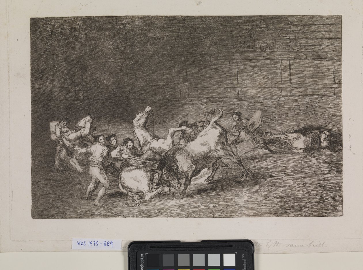 Dva týmy pikadorů jsou jeden po druhém sraženy jediným býkem od Francisco de Goya