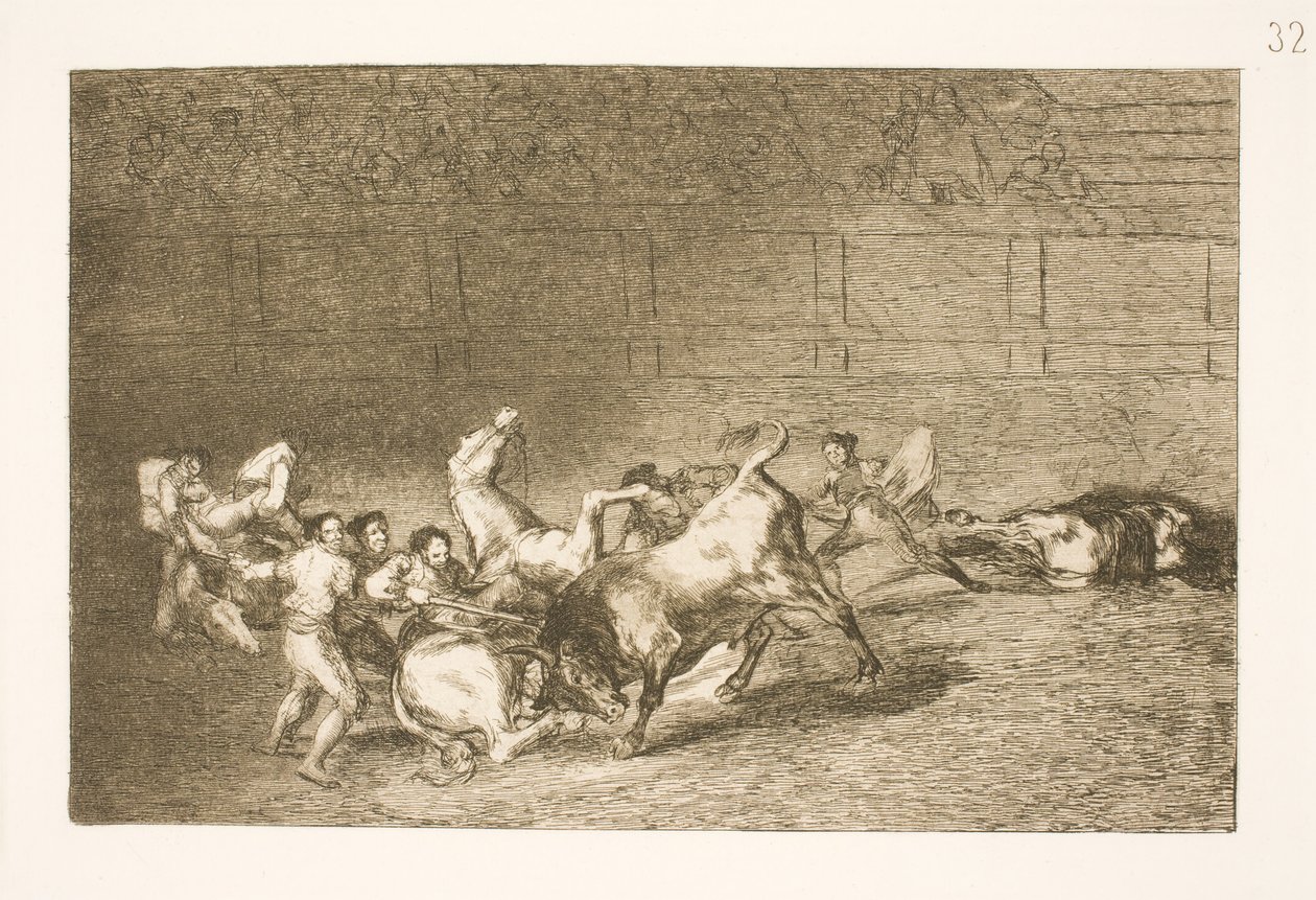 Dva týmy pikadorů jsou jeden po druhém sraženy jediným býkem od Francisco de Goya