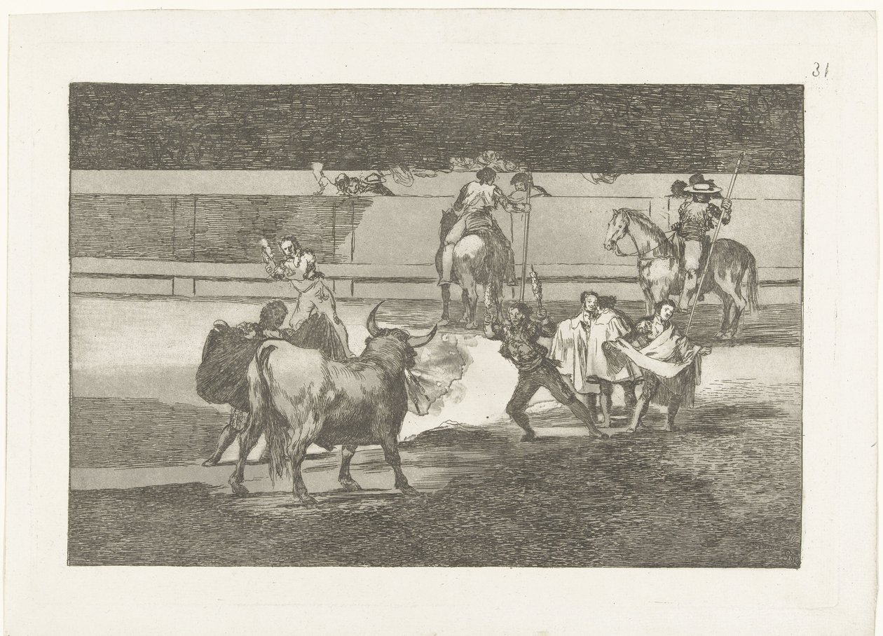 Toreador potkal brandende banderillas pásy ohně Býčí zápasy (název seriálu) Stierenvechten (název série) od Francisco de Goya