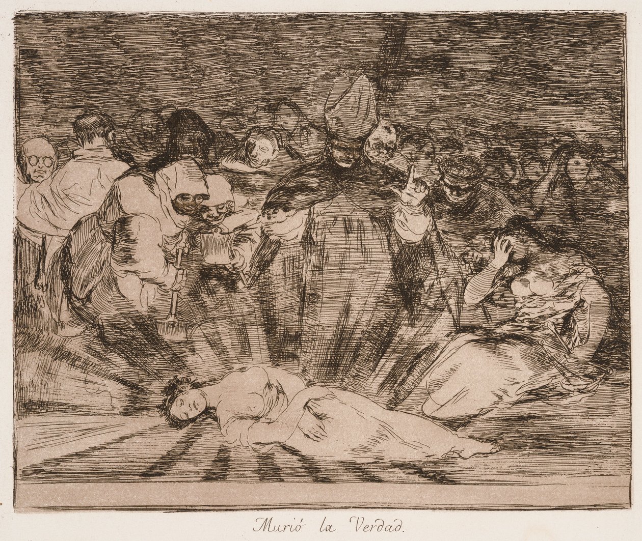 „Truth has Died“ (Pravda zemřela) ze série „Los desastres de la guerra“ od Francisco de Goya