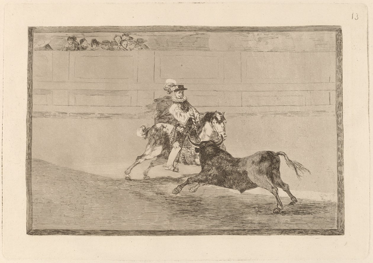 Un caballero espanol en plaza quebrando rejoncillos sin auxilio de los chulos (španělský jízdní rytíř v ringu lámající krátké oštěpy bez pomoci asistentů) od Francisco de Goya