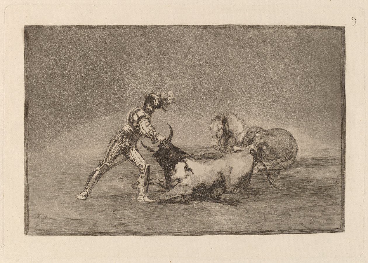 Španělský rytíř zabije býka poté, co ztratil svého koně od Francisco de Goya