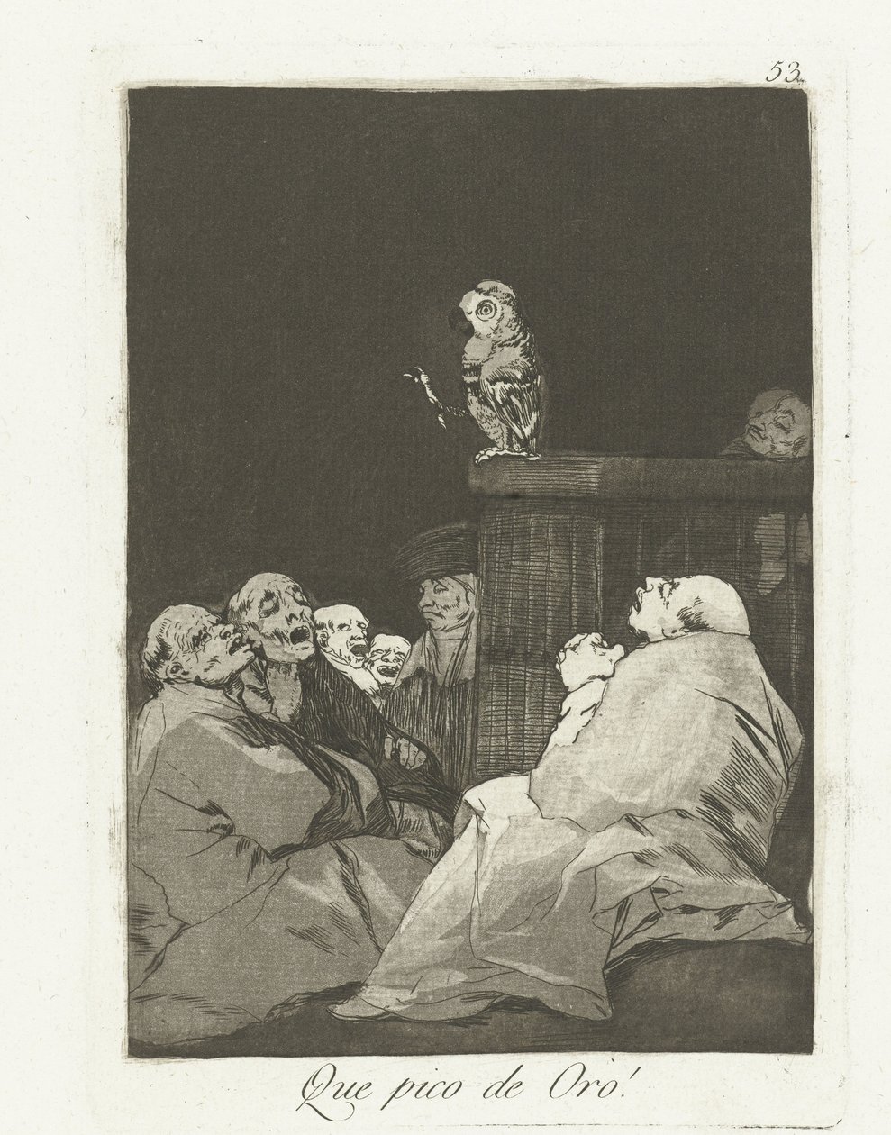 Jaký zlatý zobák! Que Pico de Oro! (název na objektu) Los Caprichos (název série) od Francisco de Goya