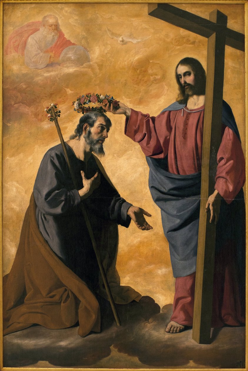 Kristus kokrhá svatý Josef. Obraz Francisco de Zurbaran (1598-1664), olej na plátně, kolem roku 1640. Muzeum výtvarného umění v Seville, Španělsko. od Francisco de Zurbaran