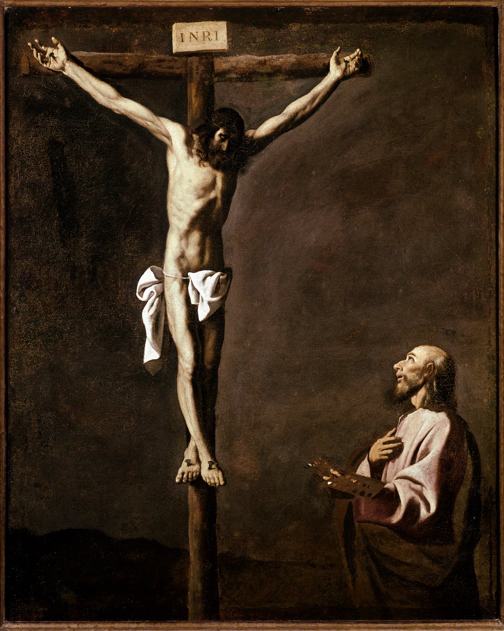 Ukřižování a malíř Autoportrét umělce v roli svatého Lukáše u paty kříže. Obraz Francisco de Zurbaran (1598-1664) 1635-1640 Rozm. 105x84 cm Madrid, muzeum Prado od Francisco de Zurbaran