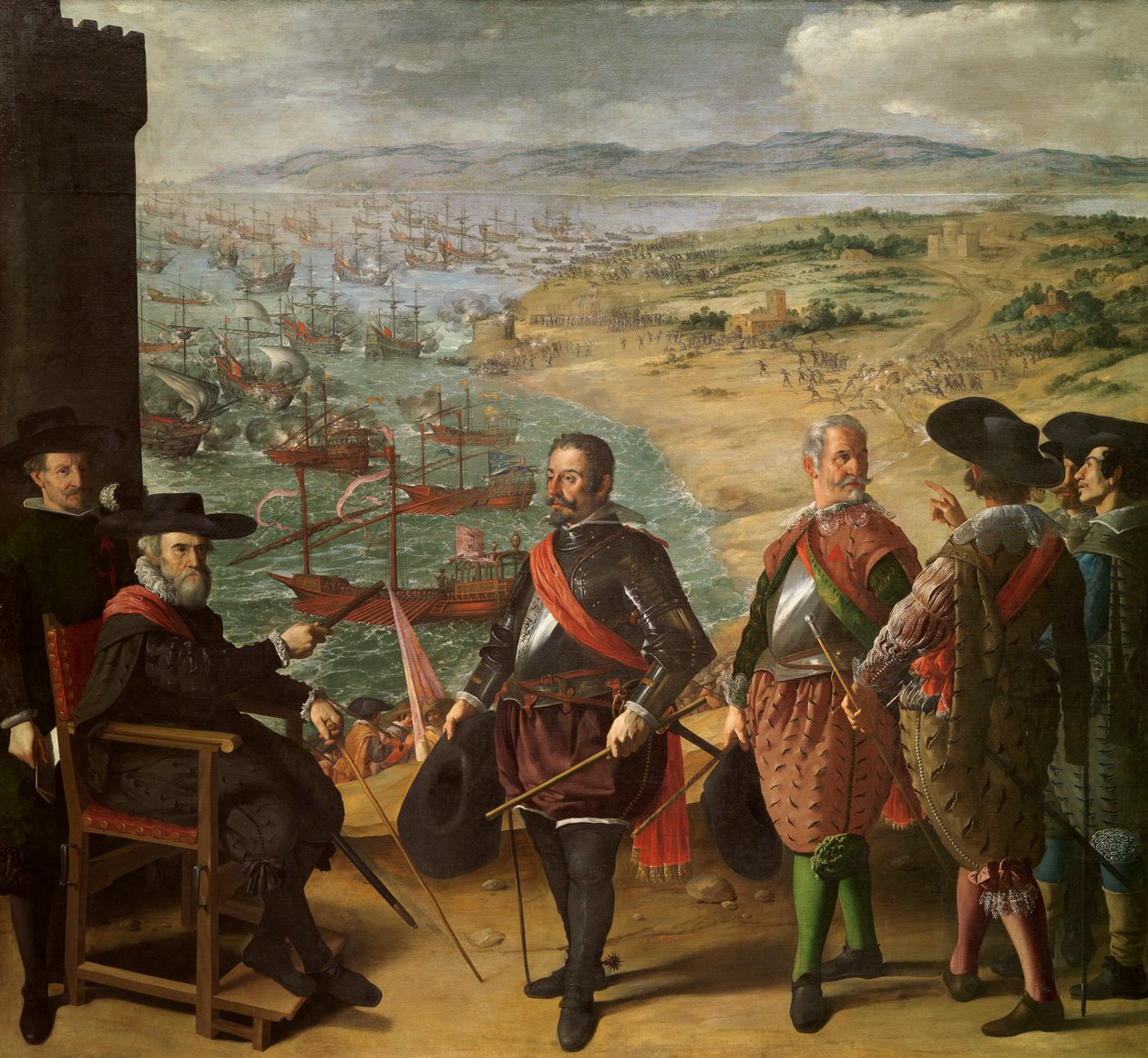 Obrana Cádizu (Cadiz, Španělsko) proti Angličanům. Anglická vojska se 1. listopadu 1625 zmocnila věže Cádiz s cílem zachytit zlato a stříbro přicházející z Ameriky. Sedící postavou je Fernando Giron, guvernér vi od Francisco de Zurbaran