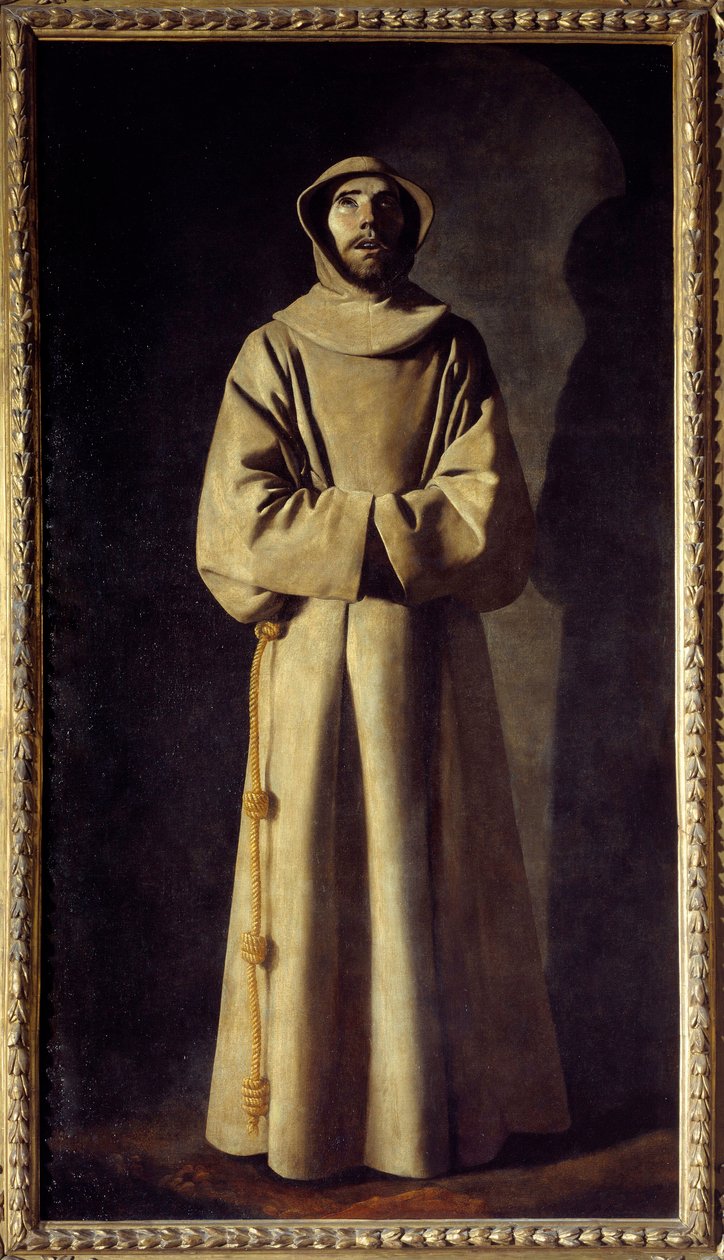 Portrét svatého Františka z Assisi: Světec je zastoupen v extázi, nosí sutanu s provazem s uzly jako opasek. Obraz Francisco de Zurbaran (1598-1664) od Francisco de Zurbaran