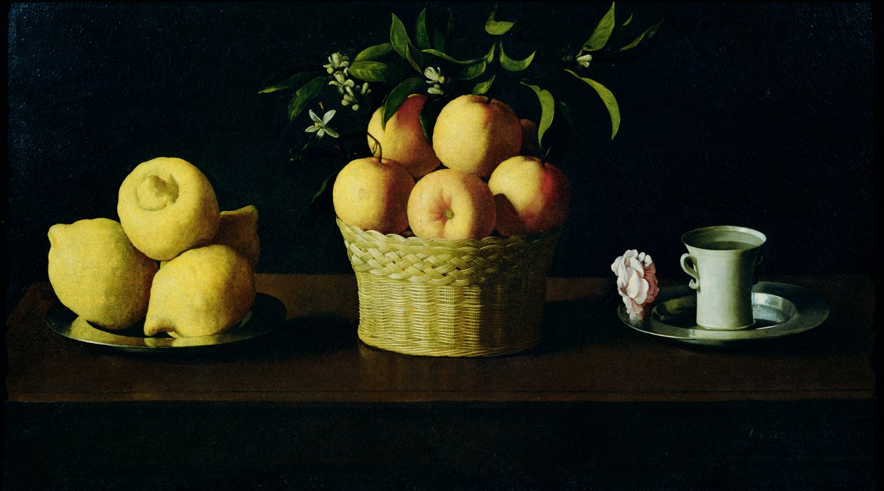 Zátiší s citrony, pomeranči a růží od Francisco de Zurbaran