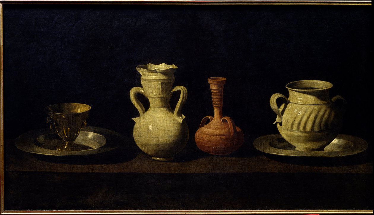 Zátiší, šálky a vázy. Obraz Francisco de Zurbaran (1598 - 1664) od Francisco de Zurbaran