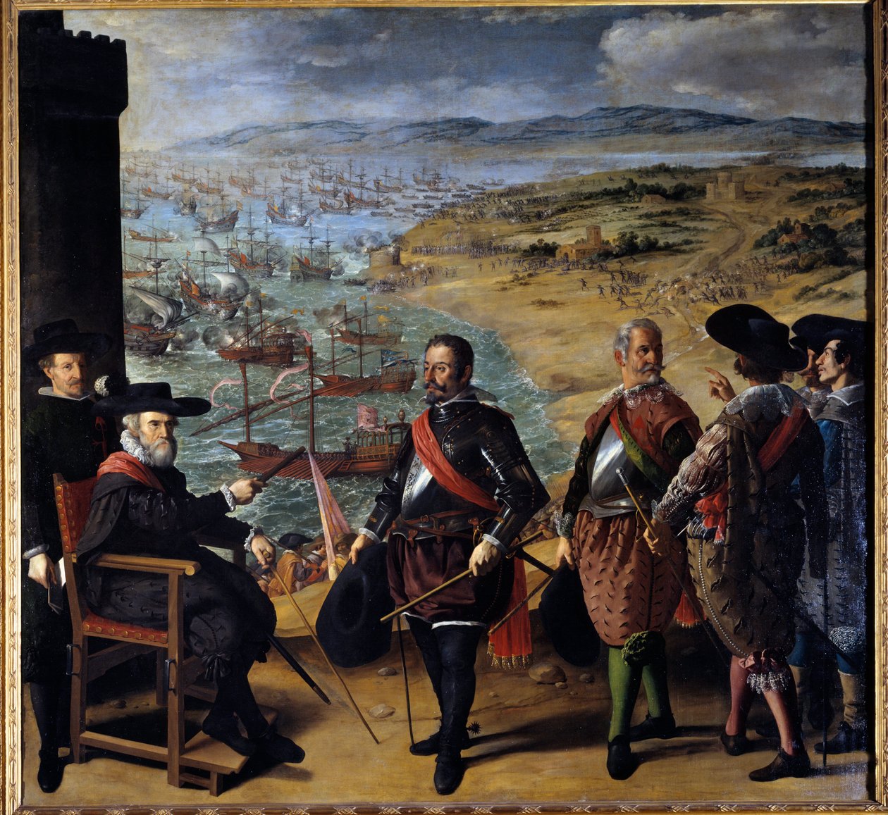 Obrana Cádizu (Cadiz, Španělsko) proti Angličanům. Anglická vojska se 1. listopadu 1625 zmocnila věže Cádiz, aby zachytila zlato a stříbro z Ameriky. Sedící postavou je Fernando Giron, guvernér města, pasti ve věži di od Francisco de Zurbaran