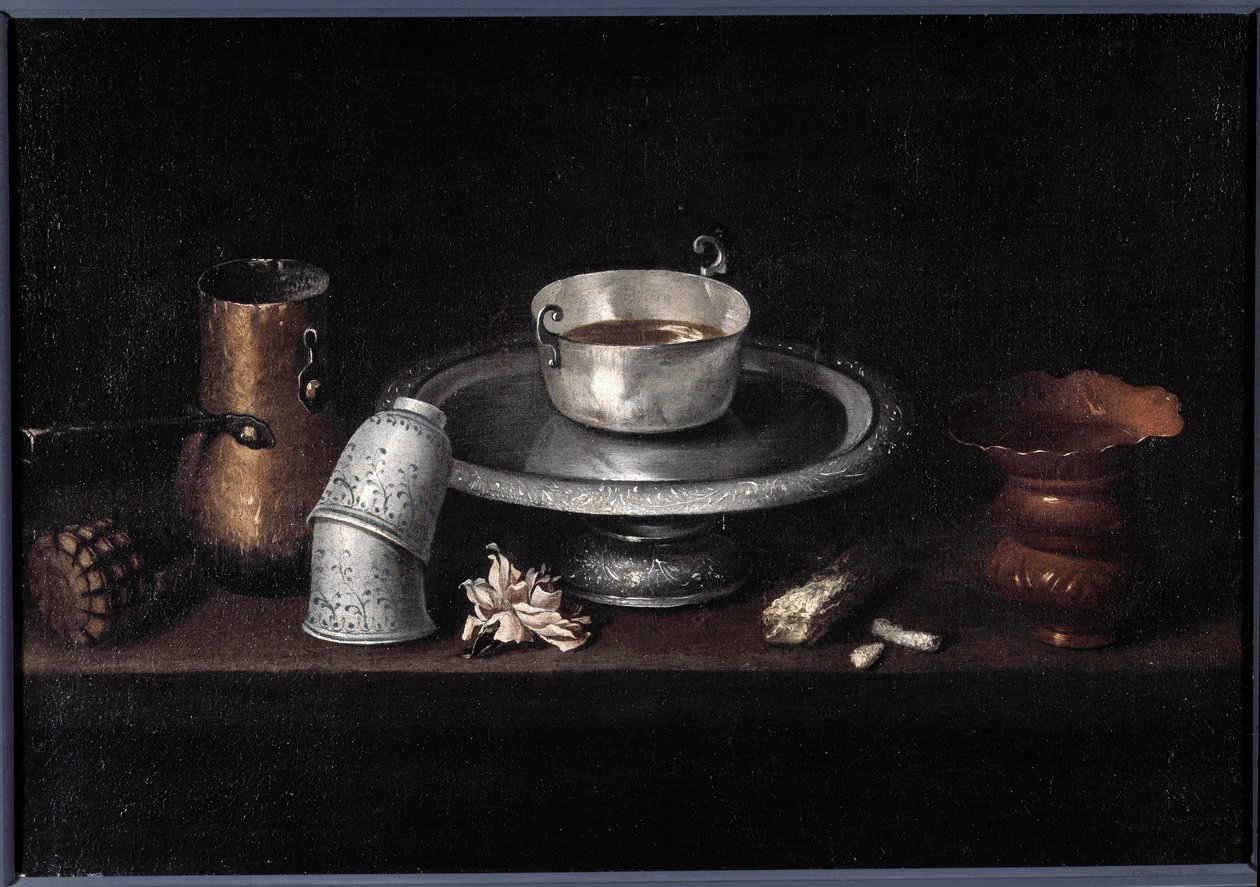 Zátiší čokoládová snídaně čokoládový pohár, poháry. Obraz Francisco de Zurbaran (1598-1664). 17. století Besancon, Muzeum výtvarných umění od Francisco de Zurbaran