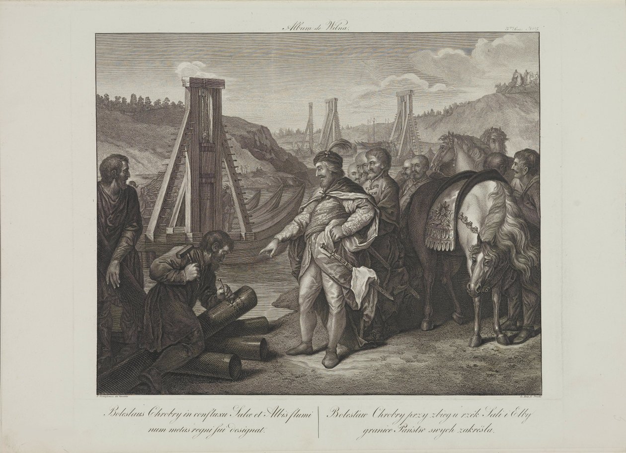 Boleslav I. Polský vytyčuje hraniční póly v řekách Labe a Saale od Smuglewicze, Franciszka (1745-1807). Litografie, konec 18. stol.. Soukromá sbírka od Franciszek Smuglewicz