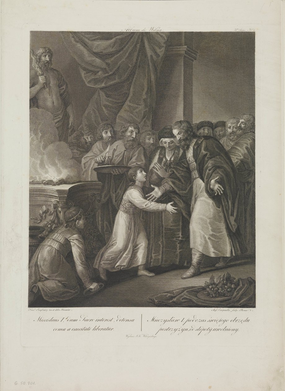 Mieszko I. z Polska dostává tonzuru Smuglewicz, Franciszek (1745-1807). Litografie, konec 18. stol.. Soukromá sbírka od Franciszek Smuglewicz