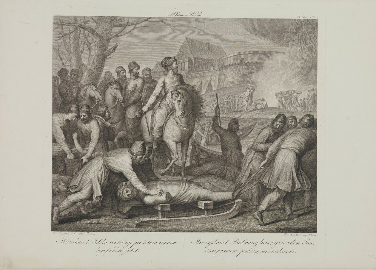 Zničení pohanských bohů Mieszkem I. Polským Smuglewiczem, Franciszkem (1745-1807). Litografie, konec 18. stol.. Soukromá sbírka od Franciszek Smuglewicz