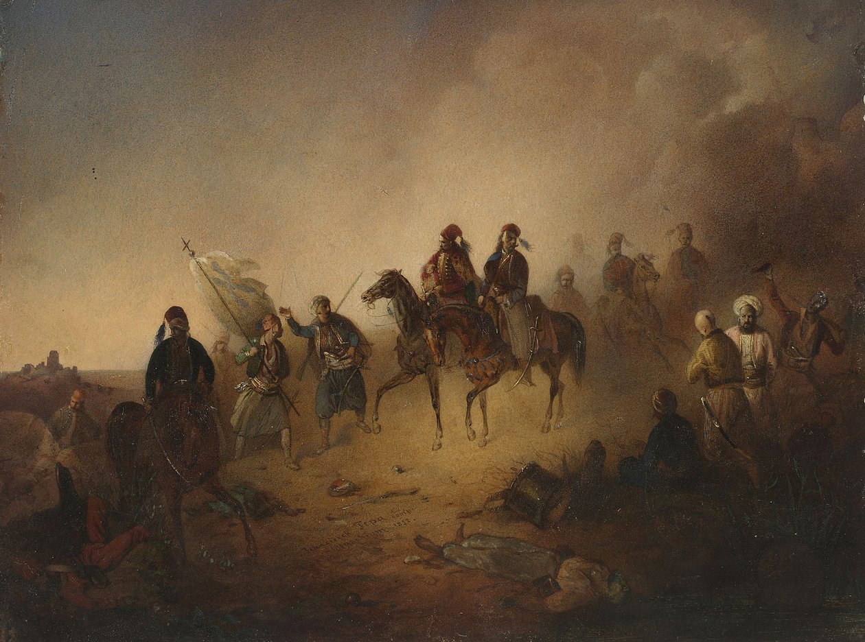 Markos Botsaris v bitvě u Karpenisi, v noci 8. srpna 1823, 1852 od Franciszek Tomasz Tepa