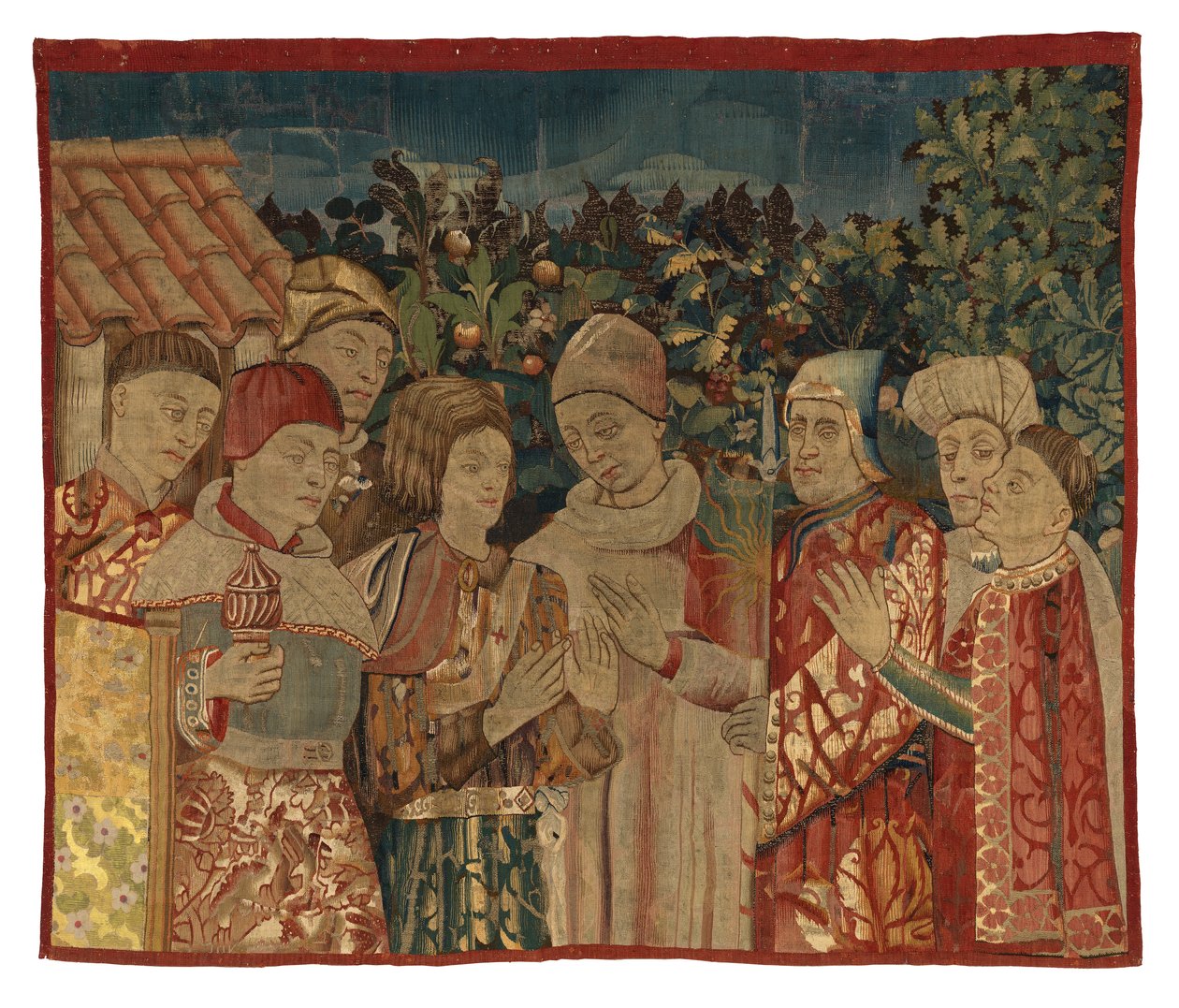Neidentifikovaný fragment tapisérie s osmi postavami, možná Disputace, 2. polovina 15. století (vlna) od Franco Flemish School