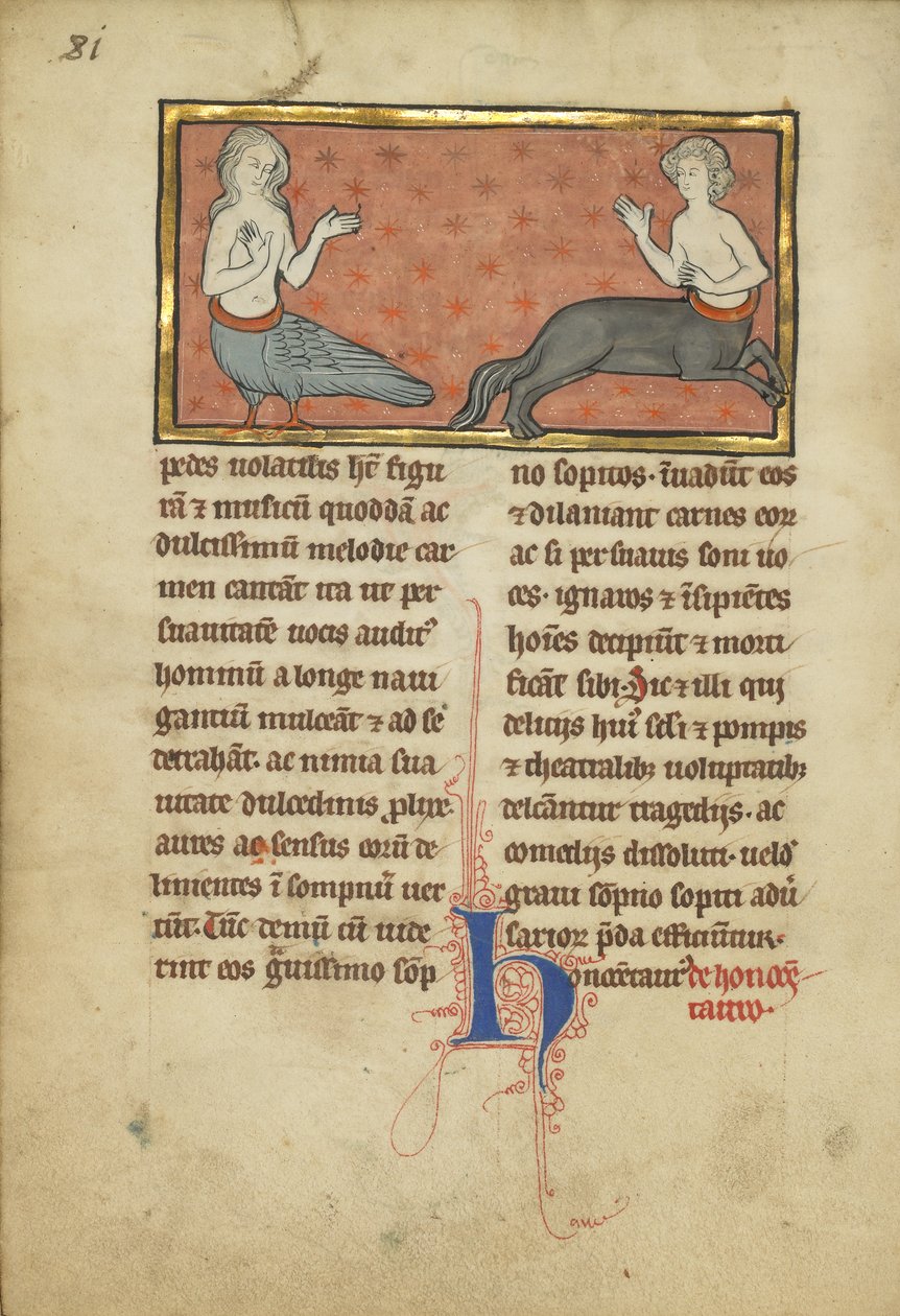 Siréna a kentaur z bestiáře paní Ludwig XV 4, fol. 81v, c.1280-1300 (tempera, pero a inkoust, plátkové zlato a barva na pergamenu) od Franco Flemish School