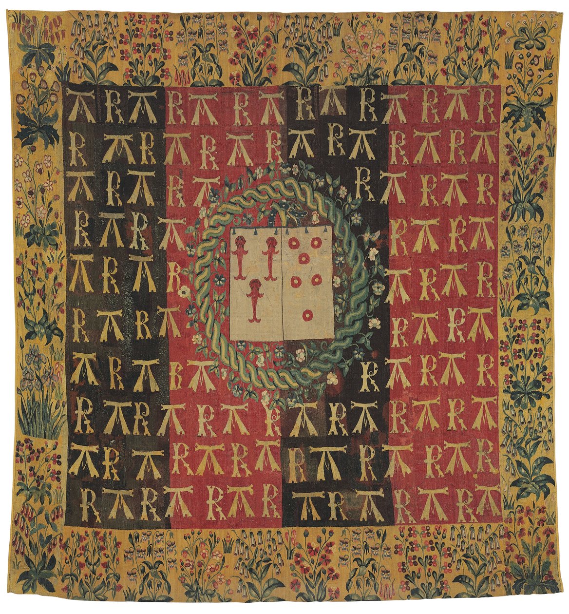 Armorální tapisérie mille-fleurs zobrazující paže Roberta Chabota a Antoinetty d"Illiersové, kolem roku 1503 od Franco Flemish School