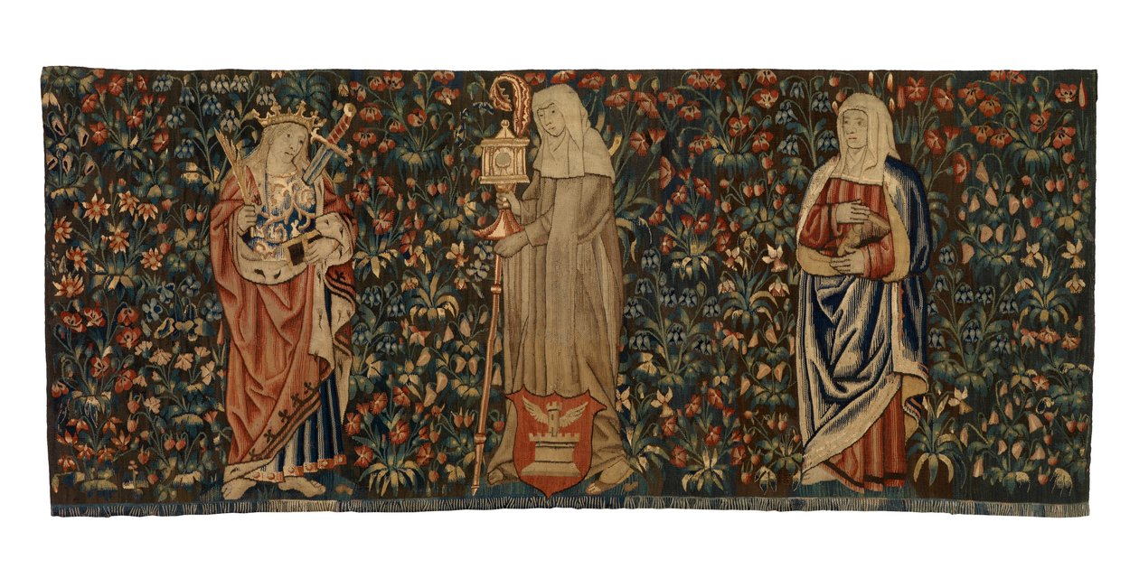 Mille fleurs -kuvakudos, alttarin etuosa, kolme pyhää, Pyhää Annaa, Pyhää Claraa ja Euphemiaa, valmistettu n. 1500, ranskalainen tai flaamilainen (villa) od Franco Flemish School