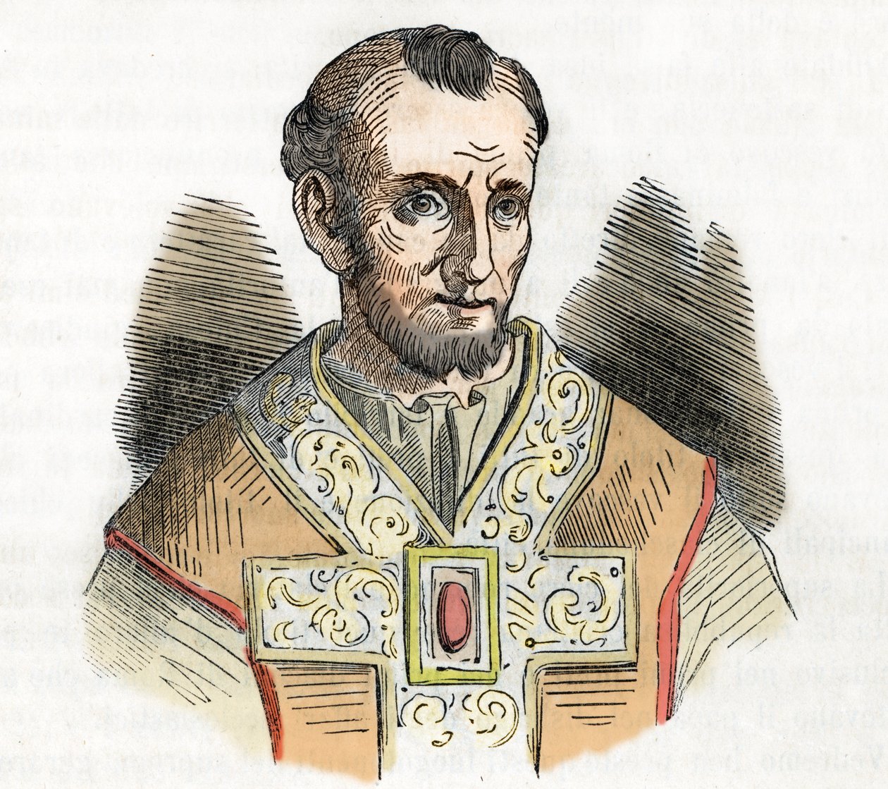 Středověk: reprezentace papeže Mikuláše I. Velikého (Nicola I, Nicholas nebo Nicolo nebo Niccolo nebo Nicolaus) (858-867) kresba z „I misteri del vaticano“ od Franca Mistraliho 1843 od Franco Mistrali
