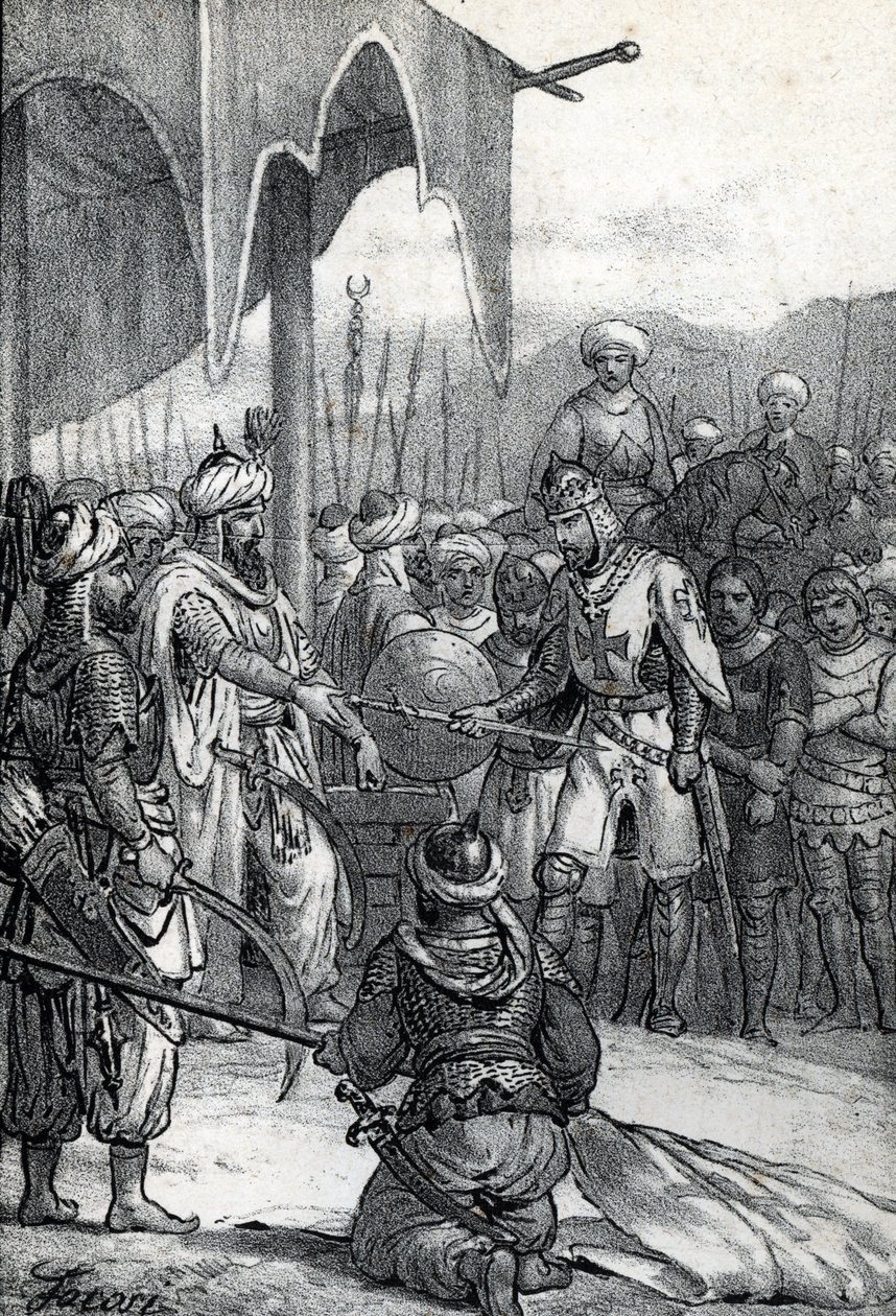 Seitsemäs ristiretki: Kuningas Ludvig IX vangittiin Fariskurin taistelussa 6. huhtikuuta 1250 (Seitsemäs ristiretki: Kuningas Ludvig IX vangittiin Fariskurin taistelussa, 6. huhtikuuta 1250) Piirros Franco Mistralin "Misteri del Vaticanosta" od Franco Mistrali