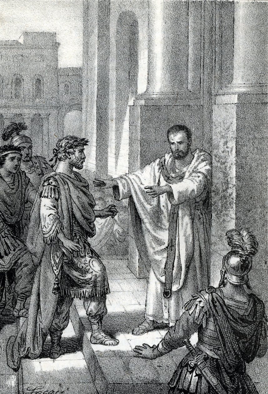 Arcibiskup svatý Ambrož z Milána (Aurelius Ambrosius, Ambrogio di Milano (340-397) zakázal vstup do kostela římskému císaři Theodosiovi I. (Flavius Theodosius) (347-395), aby ho potrestal za masakr v Soluni v roce 390 - Excommunicati od Franco Mistrali