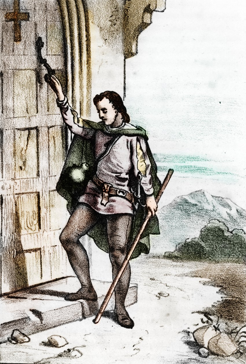 Mladý Jerome Savonarole (Girolamo Savonarola) (1452-1498) klepající na dveře dominikánského kláštera Santo Domenico v Bologni v roce 1475 (Girolamo Savonarola jako mladý muž zaklepal na dveře kláštera San Domenico, řádu Bratři od Franco Mistrali