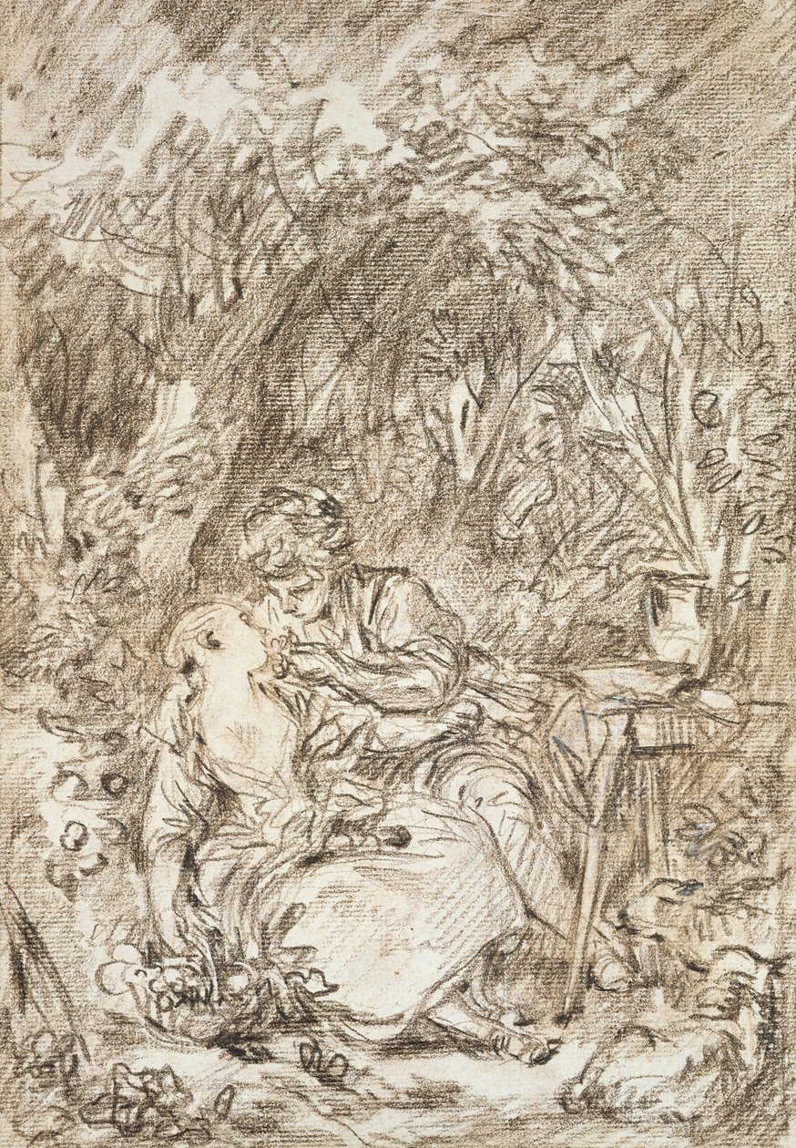 Objímající se pár – Annette a Lubin (červená křída na papíře) od François Boucher