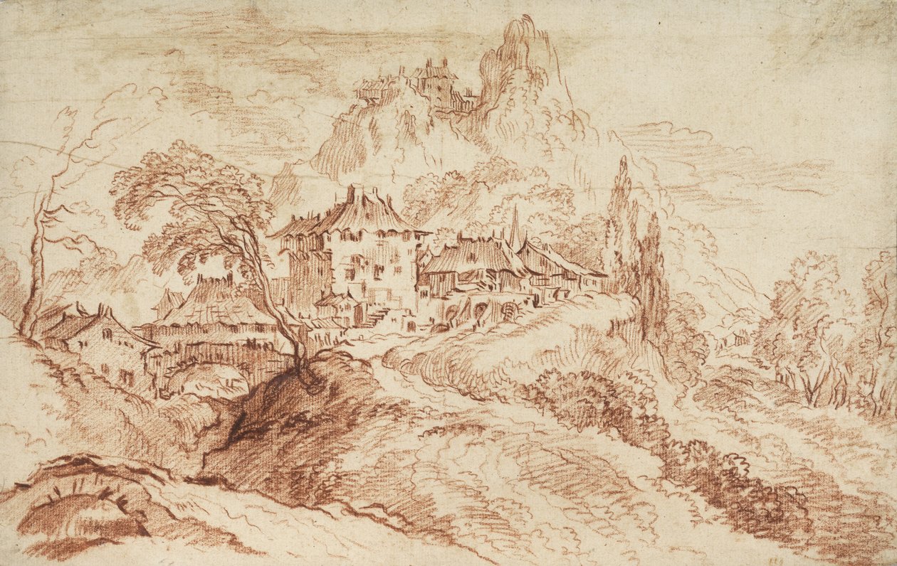 Italská vesnice v hornaté krajině (červená křída na papíře) od François Boucher