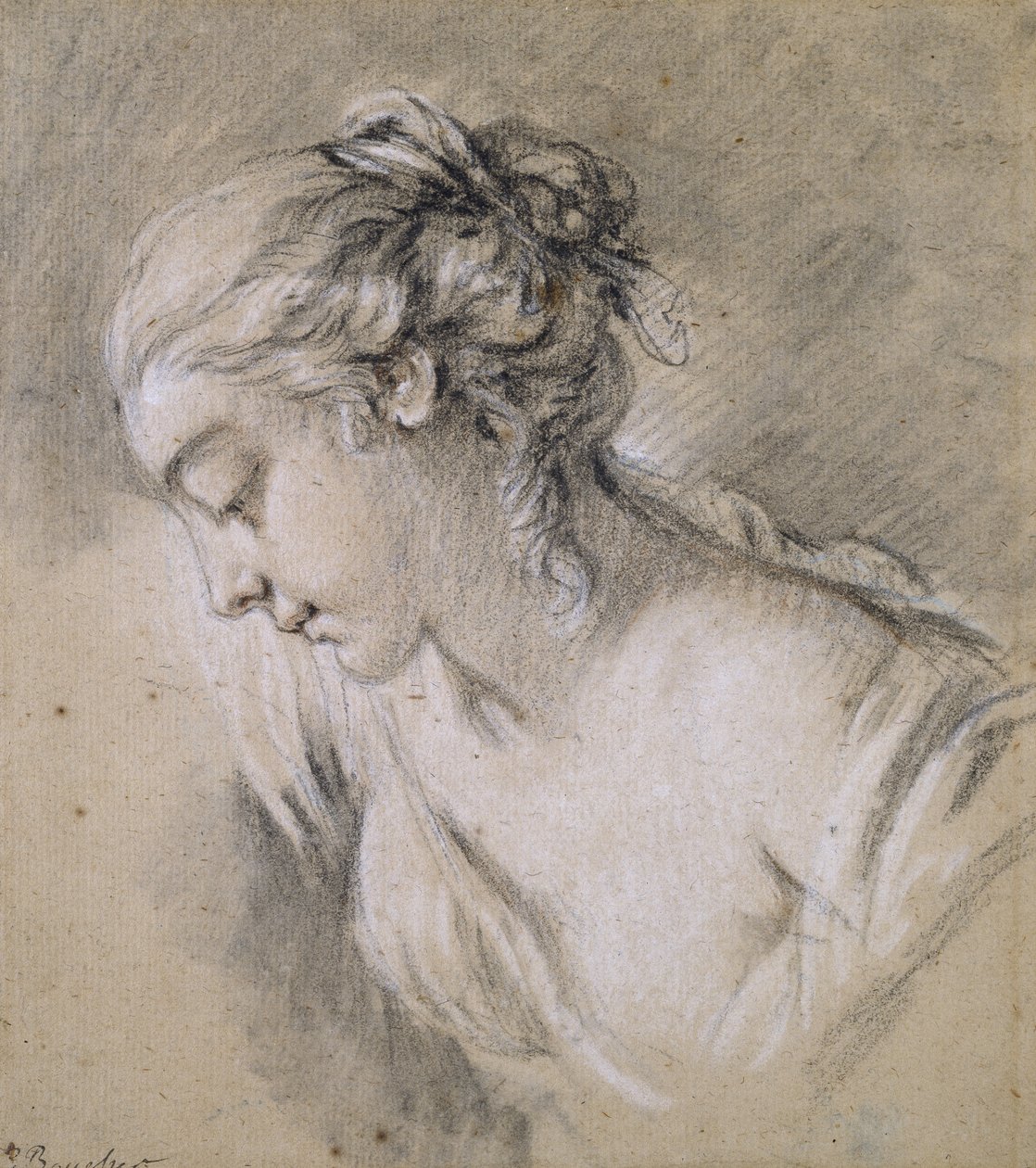 Busta dívky z profilu vlevo (křída na papíře) od François Boucher