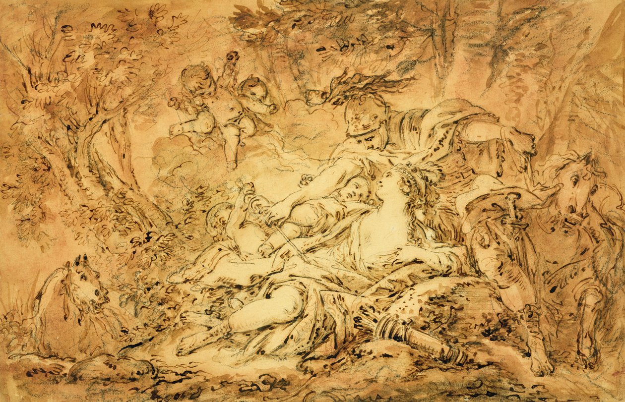 Rinaldo a Armida (pero a hnědá tuš, hnědá a růžová barva na černé křídě na papíře) od François Boucher