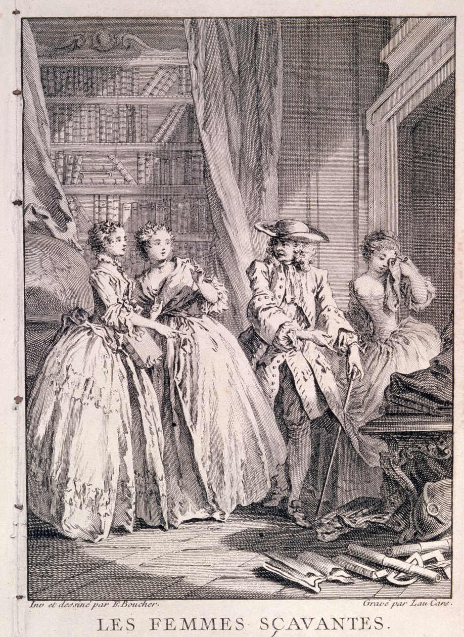 Scéna z „Les Femmes Savantes“ (Blue-Stockings) od Moliera (1622-73), vyryla Laurent Cars od François Boucher