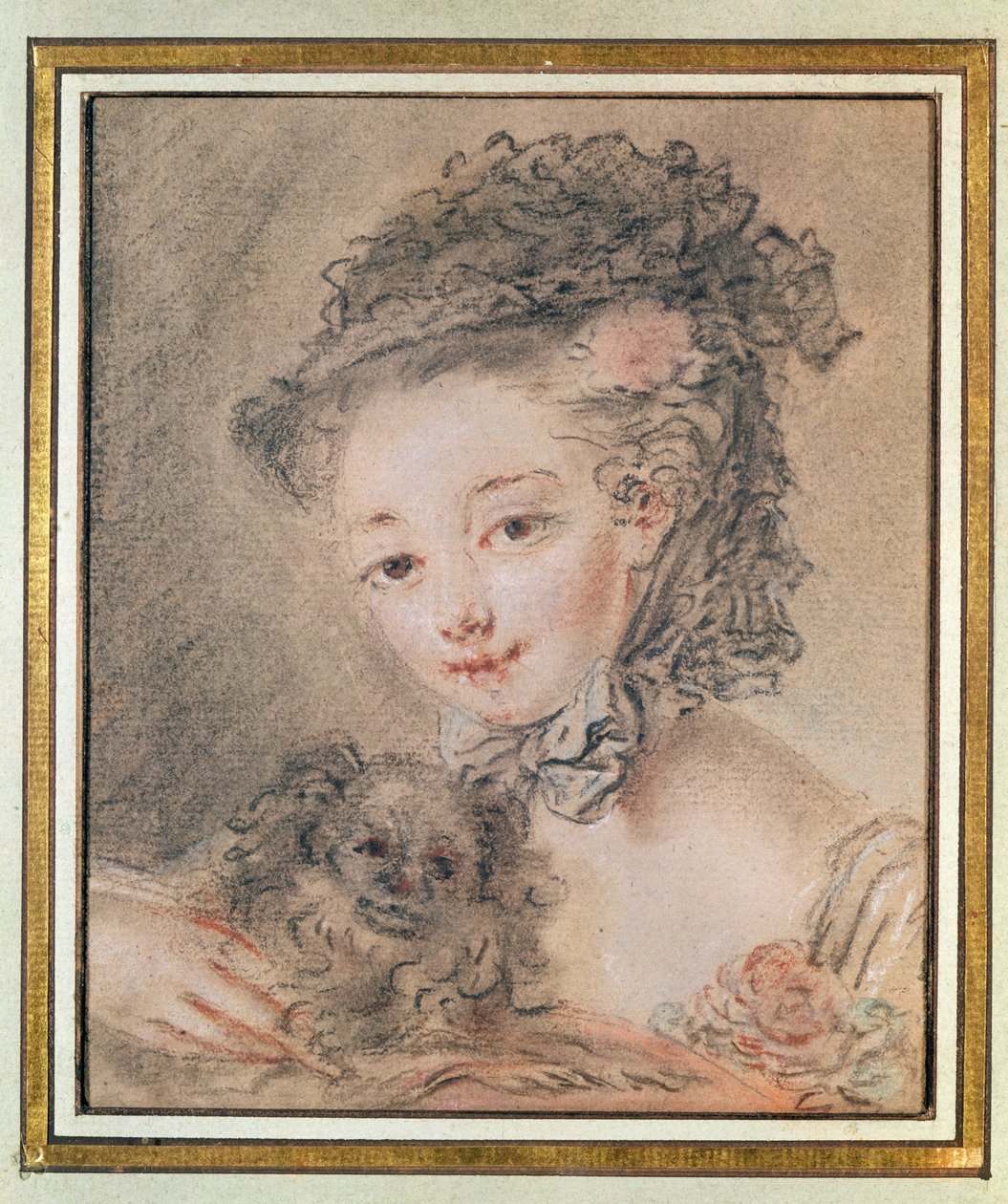 Mladá dívka s malým psem (uhlí a červená křída na papíře) od François Boucher